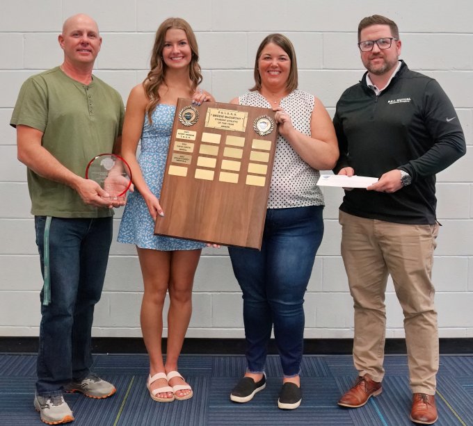 2025 Brodie McCarthy Recipient Ashley Hardy from Westisle presented with the $1000 scholarship from Jeff MacRae representing scholarship provider PEI Mutual and the parents of Brodie McCarthy, David and Lisa.
